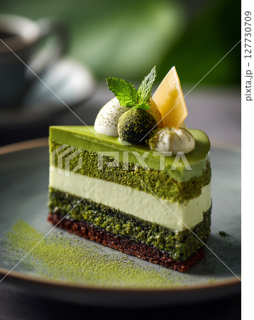 Green matcha cake pistachio, Dubai chocolate style. AI Generative Green matcha cake pistachio, Dubai chocolate style. AI Generative 127730709