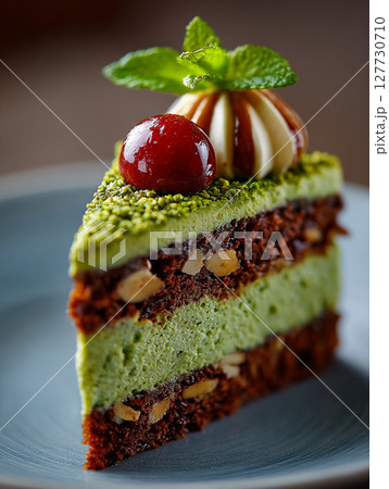 Dark Chocolate cake with cream and pistachio, dubai chocolate style Dark Chocolate cake with cream and pistachio, dubai chocolate style 127730710