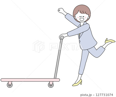 台車を押しながら気合を入れるスーツ姿の女性イラスト 台車を押しながら気合を入れるスーツ姿の女性イラスト 127731074