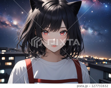夜空を見上げる猫娘 127731632