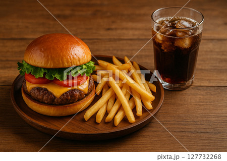 クラシックなハンバーガーセット(フライドポテトとコーラ付き) クラシックなハンバーガーセット(フライドポテトとコーラ付き) 127732268