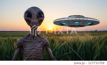 Extraterrestrial alien waiting for ufo in a wheat field at sunset 127732709