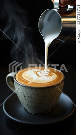 Barista pouring milk into a steaming cup of coffee creating latte art 127732711