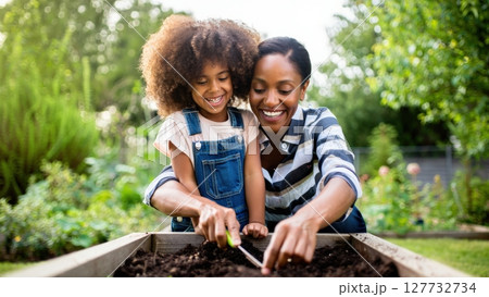 Mother and daughter planting seeds in raised garden bed 127732734