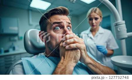 Scared patient covering mouth with hands at dentist appointment 127732748