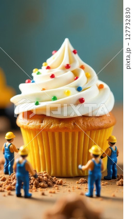 Miniature workers building a giant cupcake with white cream and colorful sprinkles 127732830