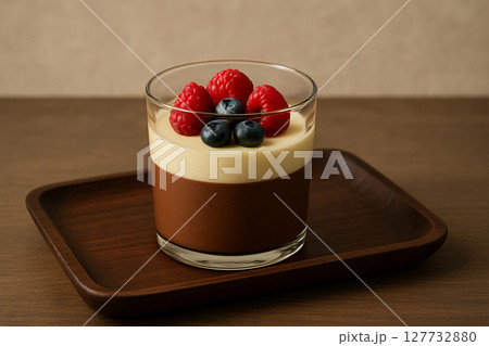 ガラスカップに入ったチョコレートムースとベリーのデザート 127732880