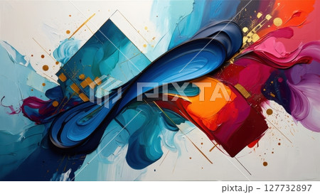 Colorful abstract painting swirling with dynamic brushstrokes and gold accents 127732897