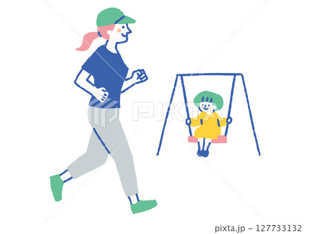 ランニングする女性とブランコに乗る少女_色 127733132