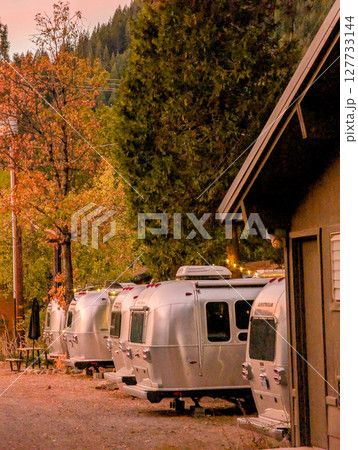 airstream campers on a camping site in the mountains 127733144