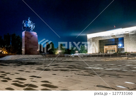 Bishkek Ala Too Square with People Hero Manas Statue and Kyrgyz State History Museum 127733160