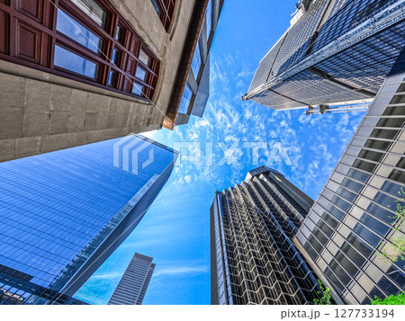 Montreal skyline seen from streets looking up at buildings Montreal skyline seen from streets looking up at buildings 127733194