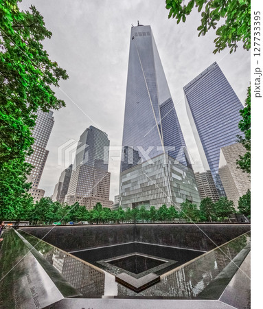 View of the twin towers memorial in New York City View of the twin towers memorial in New York City 127733395