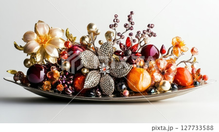Ornamental fruit and flower composition made of shiny edible elements. Luxurious food arrangement with metallic textures and detailed shapes. Shot in studio AI-generated 127733588