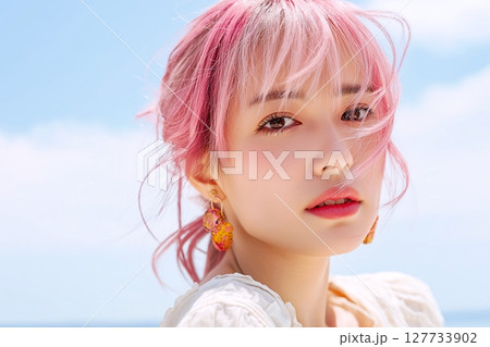 ピンクに染めた女性・ヘアカラー「AI生成画像」 ピンクに染めた女性・ヘアカラー「AI生成画像」 127733902