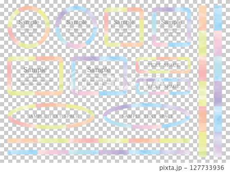 一組 14 個水彩風格的紋理框架和線條，採用明亮的暖色和冷色 127733936