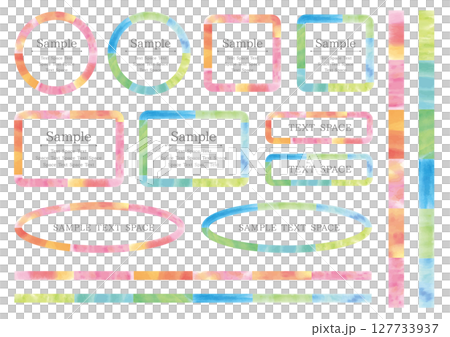 濃い暖色系と寒色系の水彩風テクスチャフレームと線14点セット 127733937