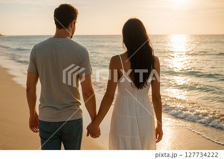 Couple Holding Hands Walking Into Sunset On Peaceful Beach Couple Holding Hands Walking Into Sunset On Peaceful Beach 127734222