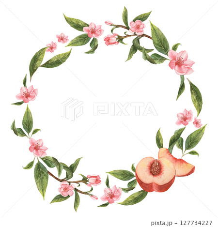 Watercolor wreath with flowers and fruits: peaches, nectarines. 127734227