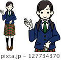 右手をあげて案内するブレザー制服の女子高生 127734370