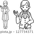 右手をあげて案内するブレザー制服の女子高生線画 127734371