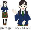 右手をあげて案内するブレザー制服の女子高生カラー 127734372