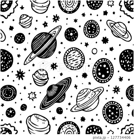 Whimsical hand-drawn planets and stars pattern in monochrome for playful space designs 127734406