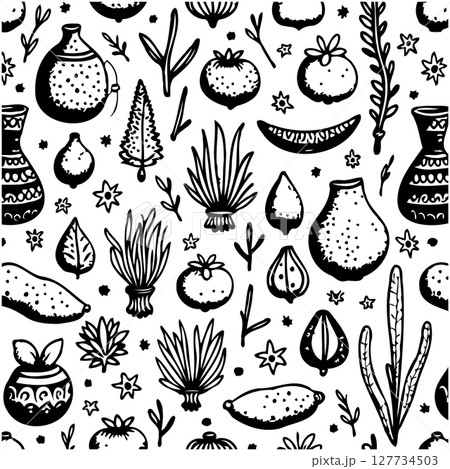 Hand-drawn seamless pattern of decorative items, vases and various plants in a repeating design 127734503