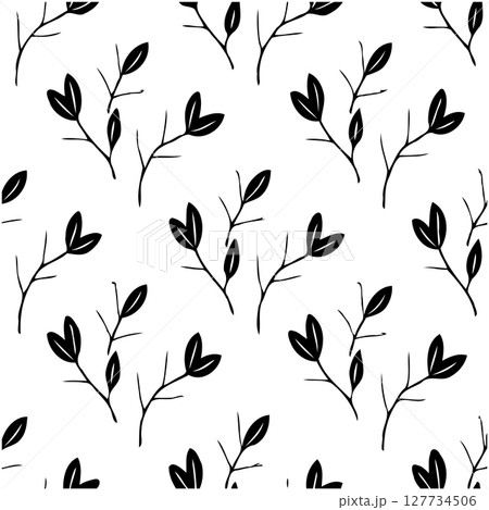 Seamless monochrome floral pattern with black branches and leaves isolated backdrop 127734506