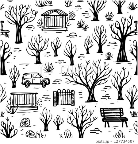 Monochrome outdoor landscape illustration featuring trees, vehicle and outdoor seating 127734507