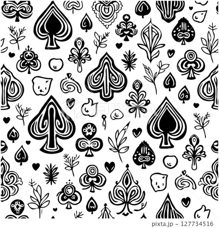 Seamless Pattern with Hand-Drawn Spades and Clubs for Fabric and Background Design Seamless Pattern with Hand-Drawn Spades and Clubs for Fabric and Background Design 127734516