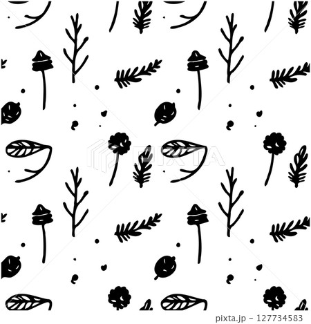 Elegant floral pattern with hand-drawn botanical elements in black and white Elegant floral pattern with hand-drawn botanical elements in black and white 127734583