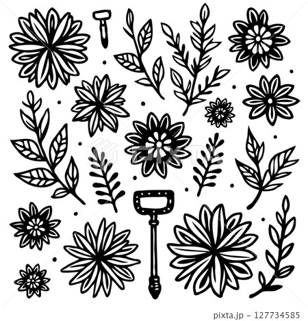 Elegant Floral and Botanical Vector Illustration with Vintage Gardening Tools elements 127734585
