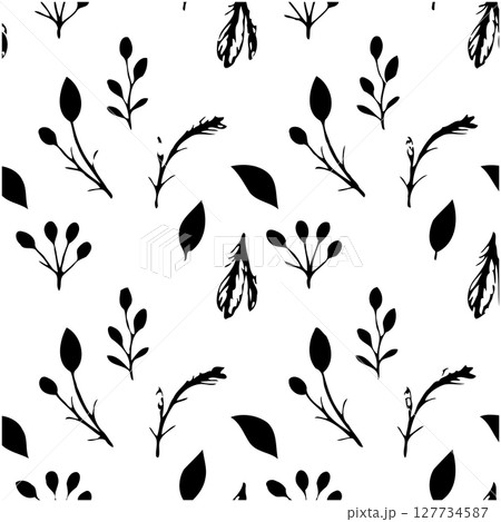 Botanical black and white seamless pattern with leaves, flowers and branches 127734587