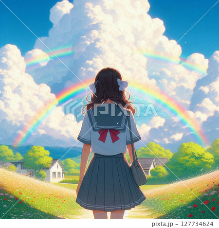 晴れた空の虹を見る女子高生の後ろ姿　正方形 127734624