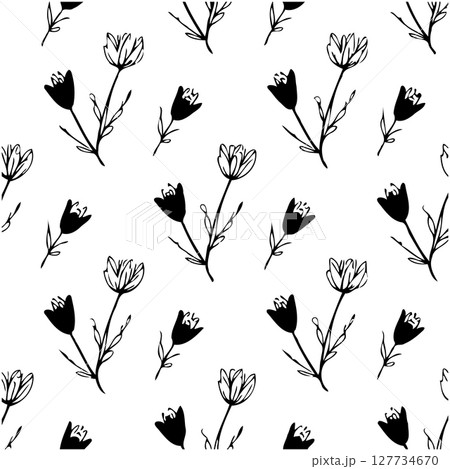Elegant floral repeat pattern with hand-drawn tulips in black and white design 127734670