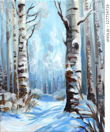 A painting of a winter landscape with birch trees in blue tones. An example of a painting for working with acrylic or oil paints. A painting of a winter landscape with birch trees in blue tones. An example of a painting for working with acrylic or oil paints. 127734719