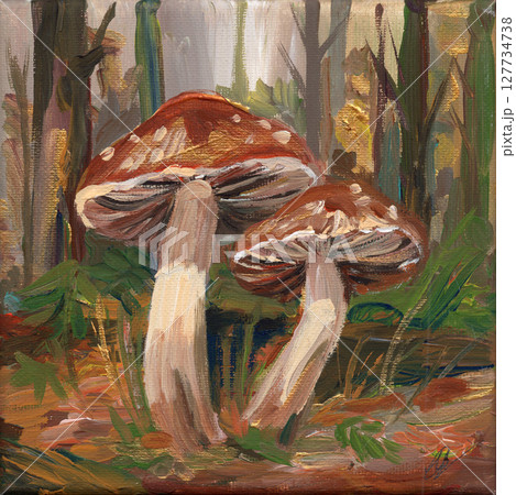 A painting of mushrooms, an example of acrylic or oil painting A painting of mushrooms, an example of acrylic or oil painting 127734738
