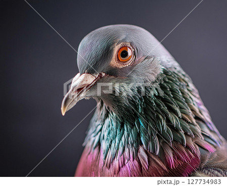 A detailed close-up of a pigeon's head, highlighting its iridescent feathers, orange eye, and beak against a dark background 127734983