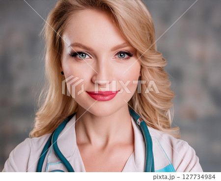 Portrait of a confident blonde female doctor with blue eyes and red lipstick, wearing a white coat and stethoscope, against a blurred background 127734984