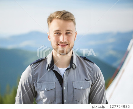 A man with a pleasant smile stands outdoors, dressed in a casual shirt, with a serene mountain landscape in the background under a clear blue sky 127734986