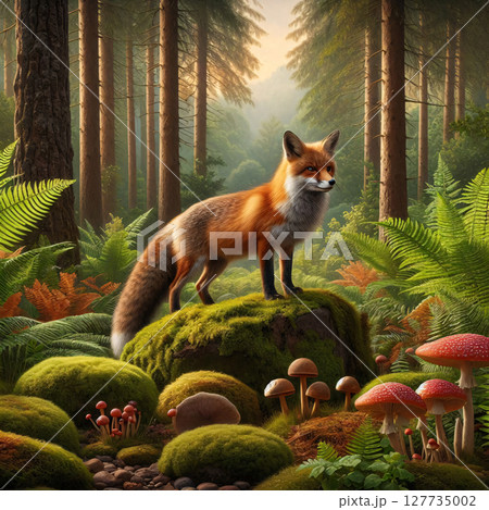 A red fox stands alert on a mossy rock in a sun-dappled forest, surrounded by ferns, mushrooms, and stones 127735002