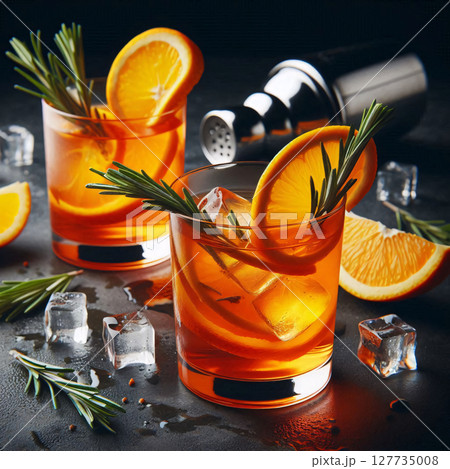 Two glasses of Aperol Spritz with orange slices and rosemary, next to a cocktail shaker 127735008