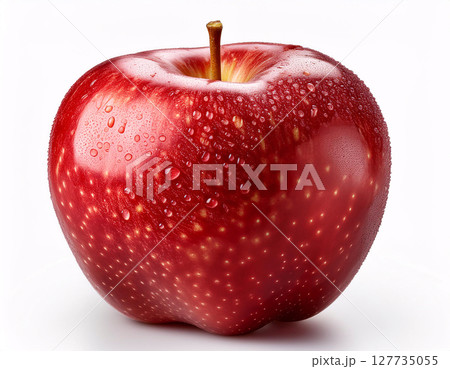 A glossy red apple, glistening with water droplets, photographed against a white background A glossy red apple, glistening with water droplets, photographed against a white background 127735055