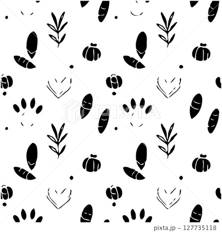 Minimalist whimsical seamless pattern featuring natural and organic elements in black and white 127735118