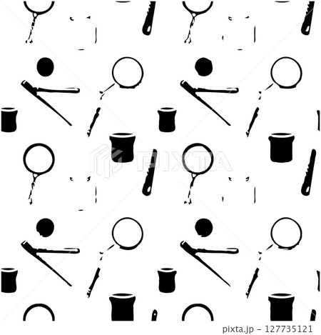 Monochrome sewing pattern with vintage tools for tailor and seamstress crafting 127735121