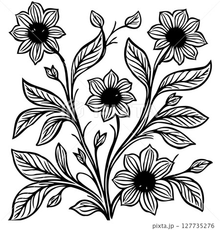 Elegant floral arrangement featuring stylized blossoms and leaves in black and white Elegant floral arrangement featuring stylized blossoms and leaves in black and white 127735276