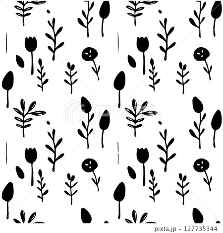 Monochrome botanical pattern with flowers, leaves, and branches illustration 127735344