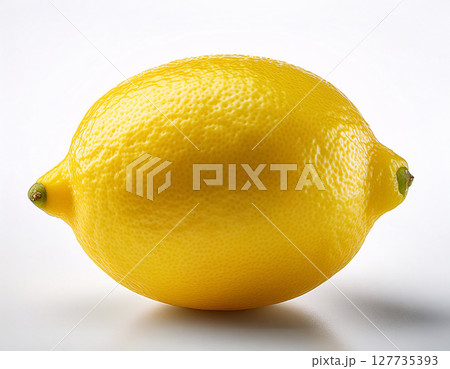 A bright yellow lemon with a textured peel, photographed against a white background 127735393