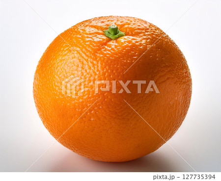 A bright orange with a textured peel and a green stem 127735394